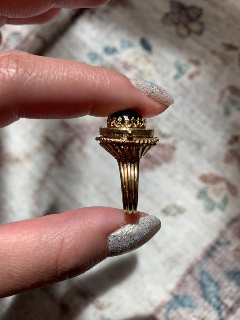 "Elvira" 14k garnet cabochon locket ring/ poison ring