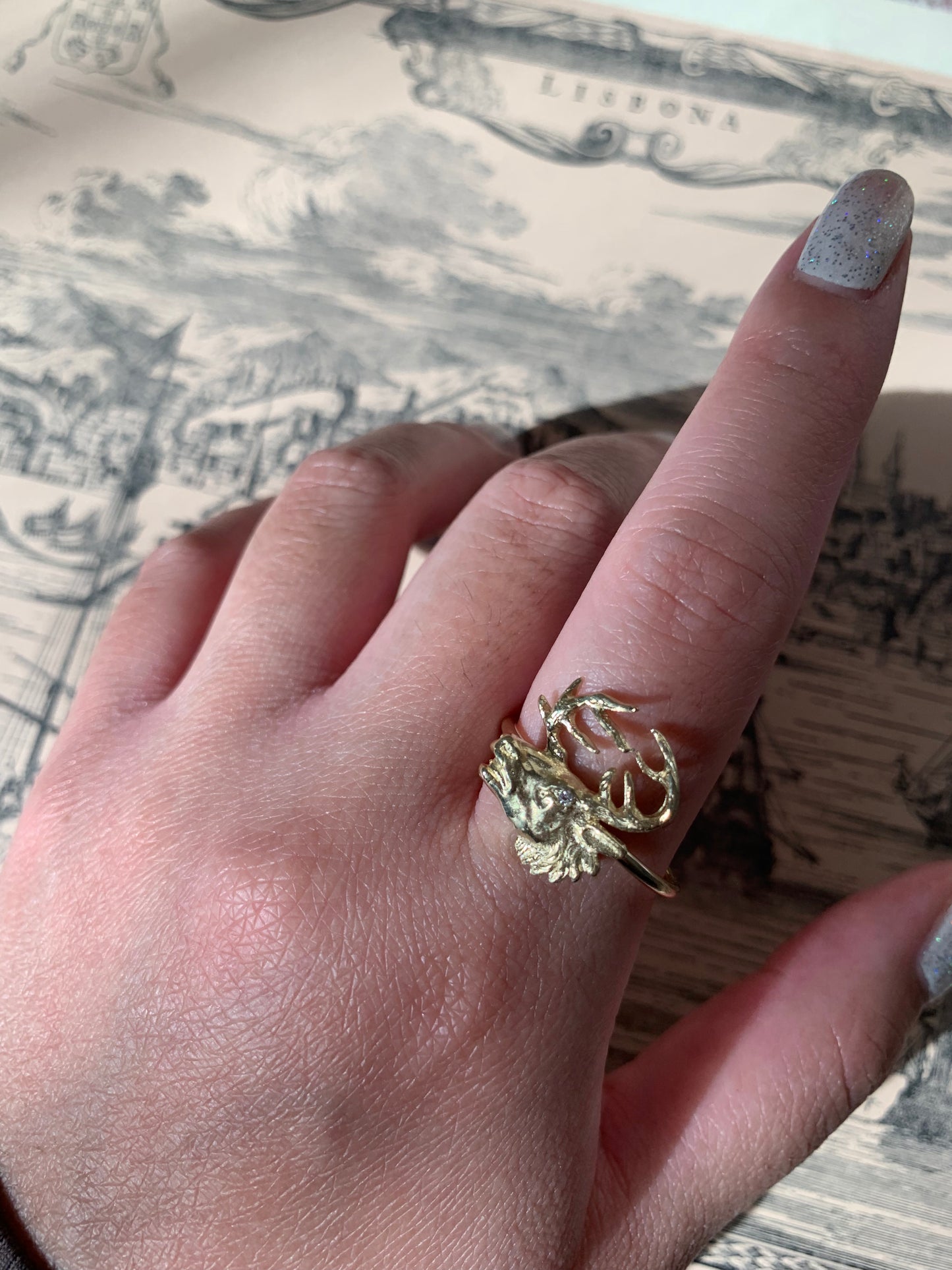 "Patronus" 14k figural stag ring or pendant with diamond (made-to-order)