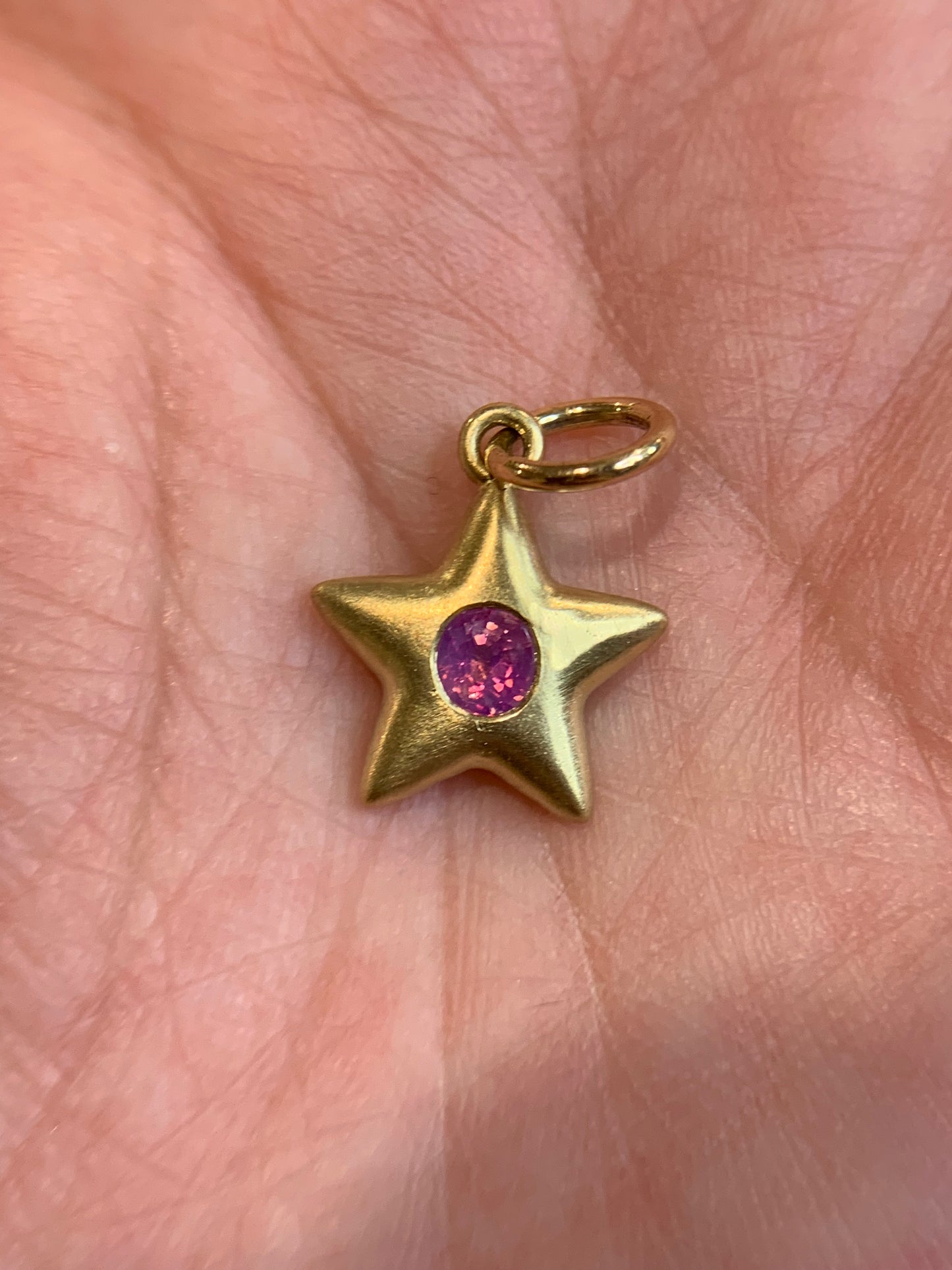 Autumn W. custom order - Star 32. 0.26ct "Happy Place" opalescent pink-peach sapphire in 18k yellow gold Little Star- refinish to shiny