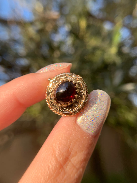 "Elvira" 14k garnet cabochon locket ring/ poison ring