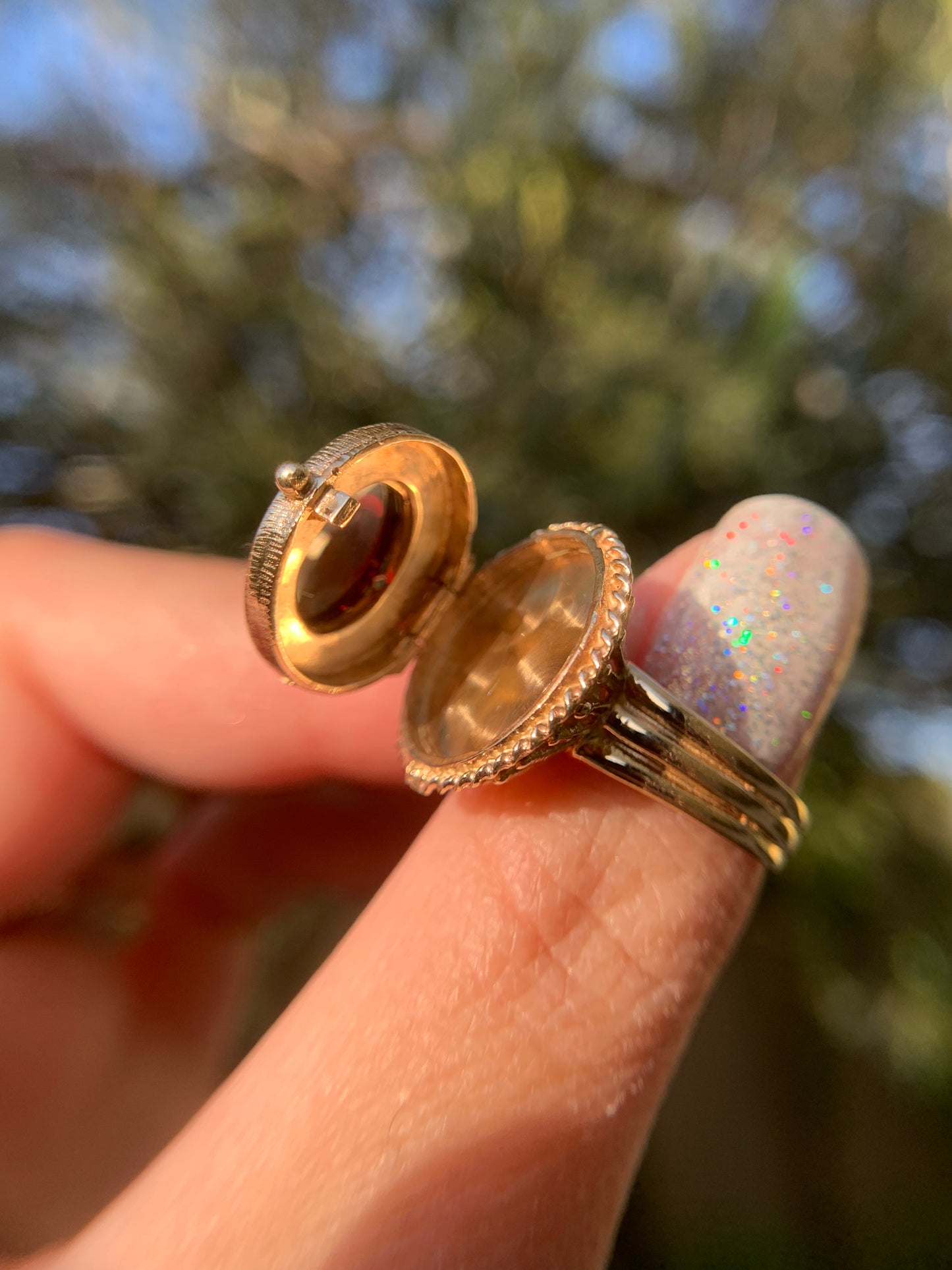 "Elvira" 14k garnet cabochon locket ring/ poison ring