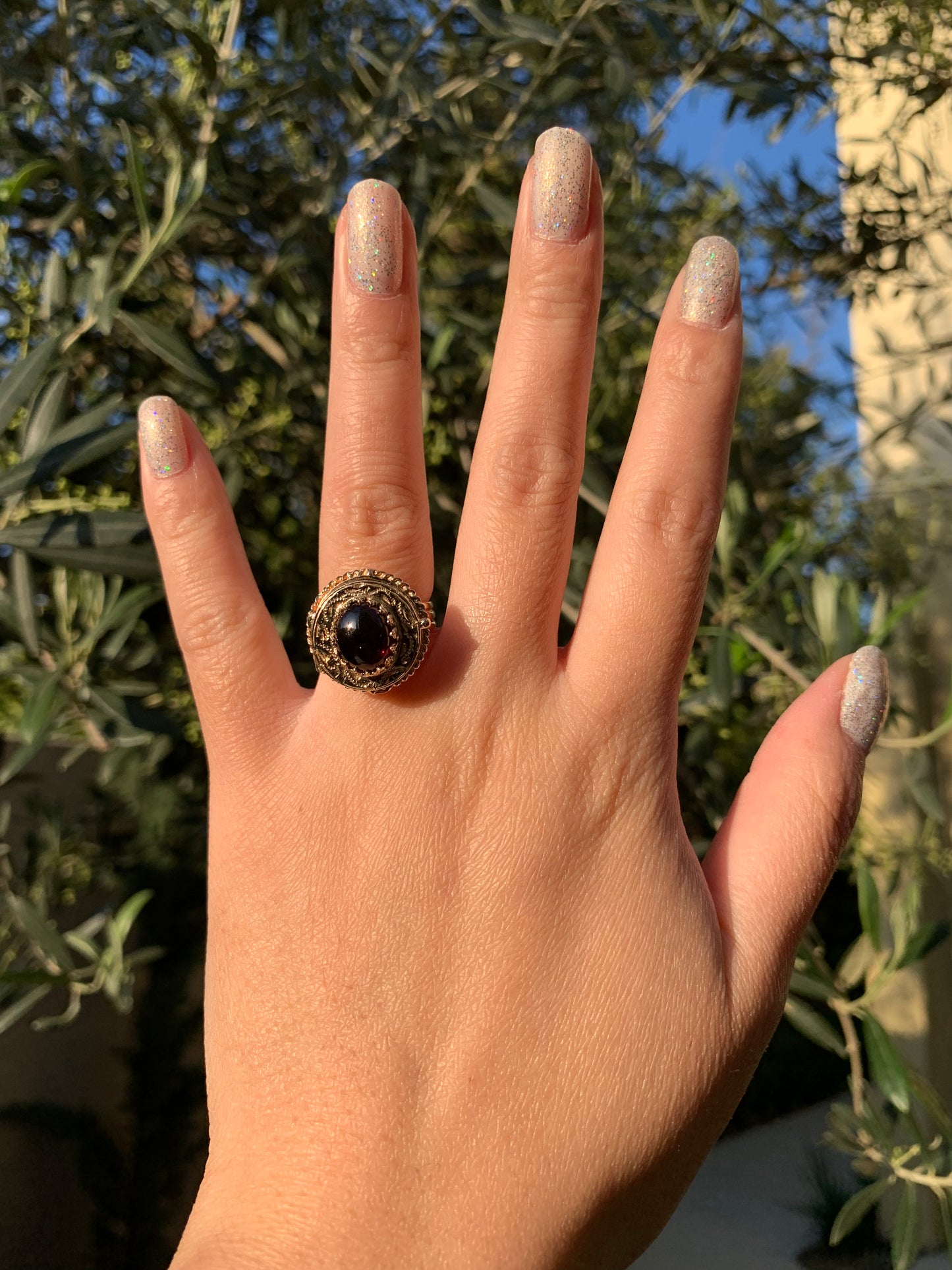 "Elvira" 14k garnet cabochon locket ring/ poison ring