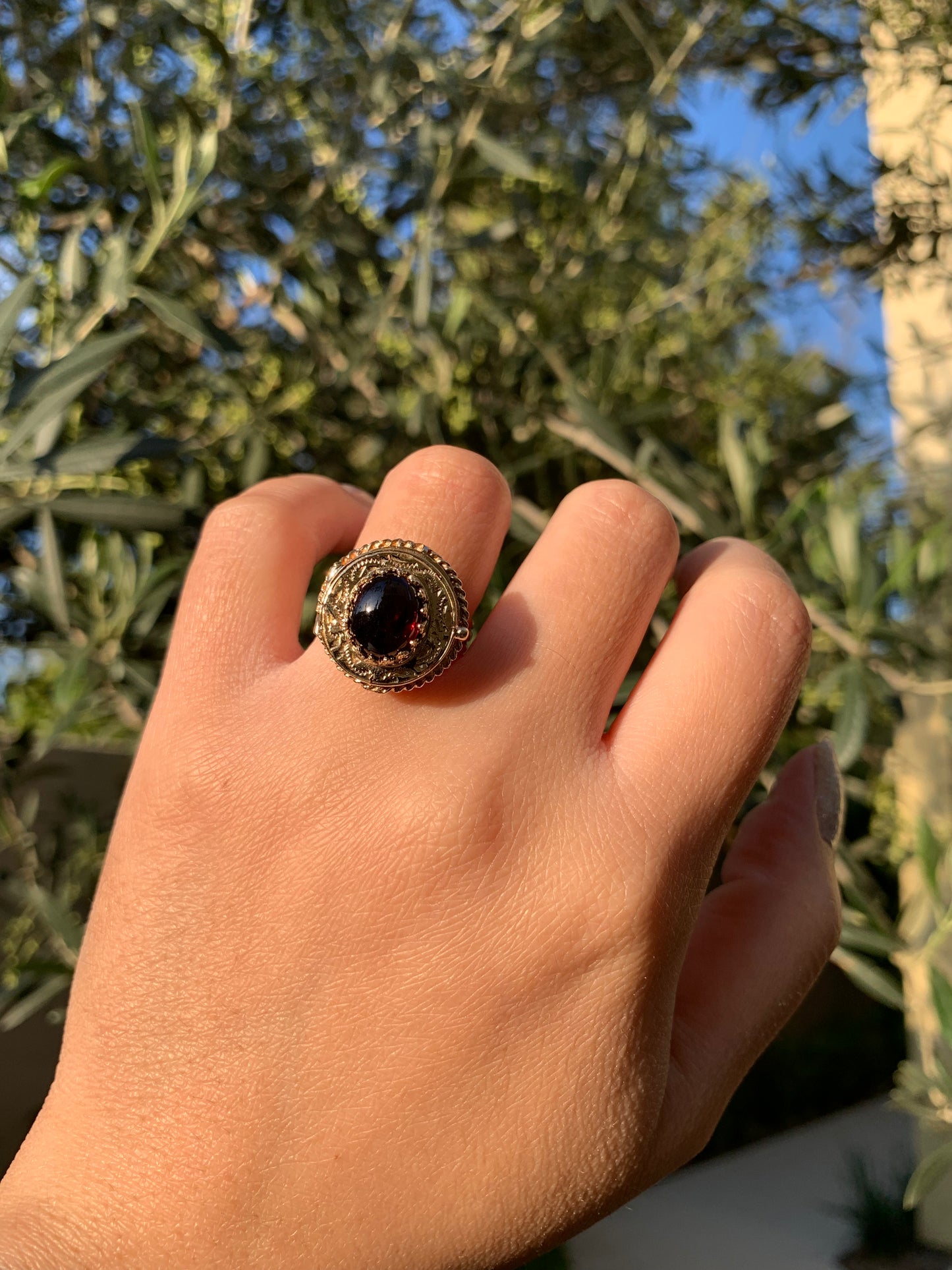 "Elvira" 14k garnet cabochon locket ring/ poison ring