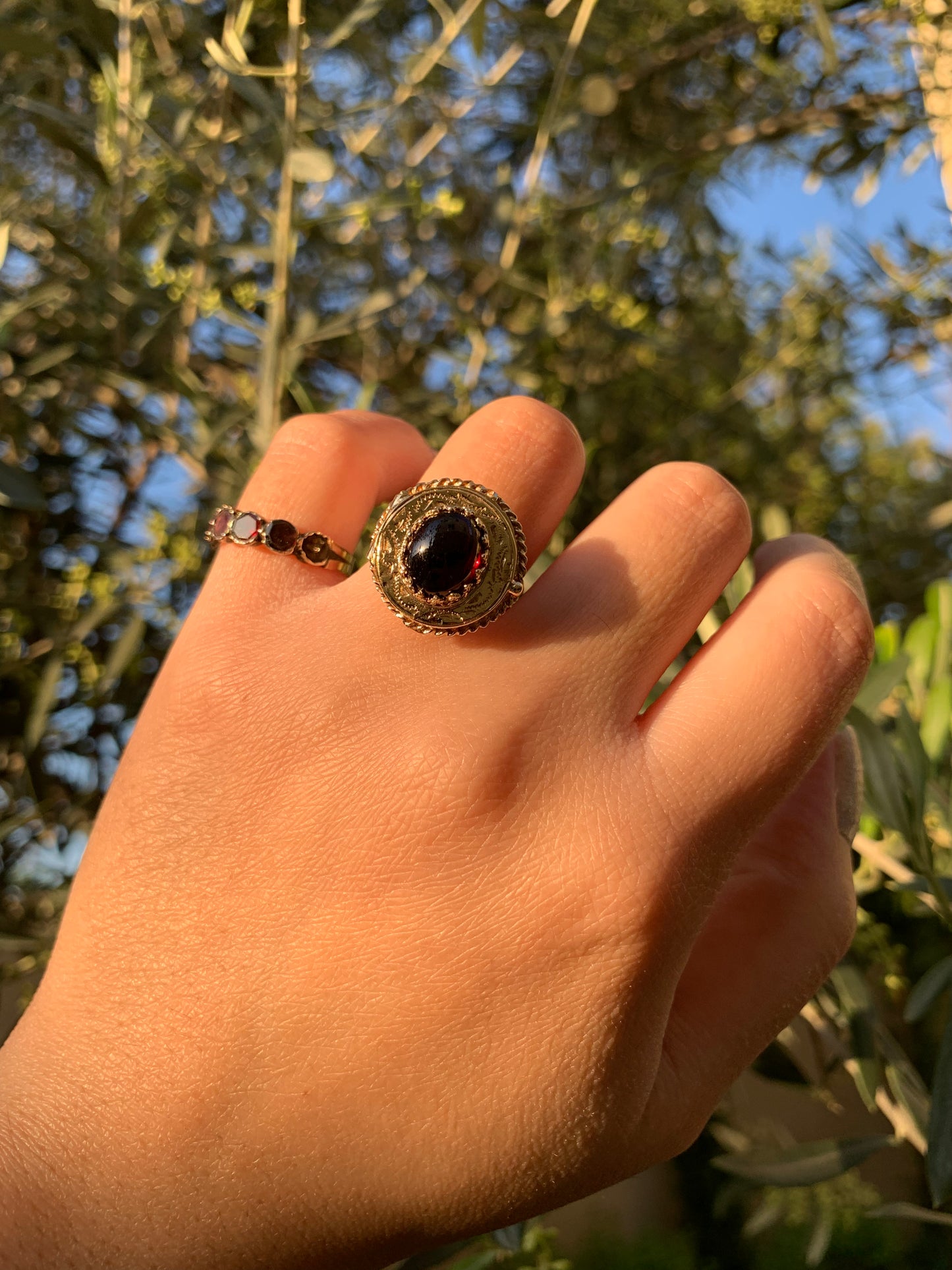 "Elvira" 14k garnet cabochon locket ring/ poison ring