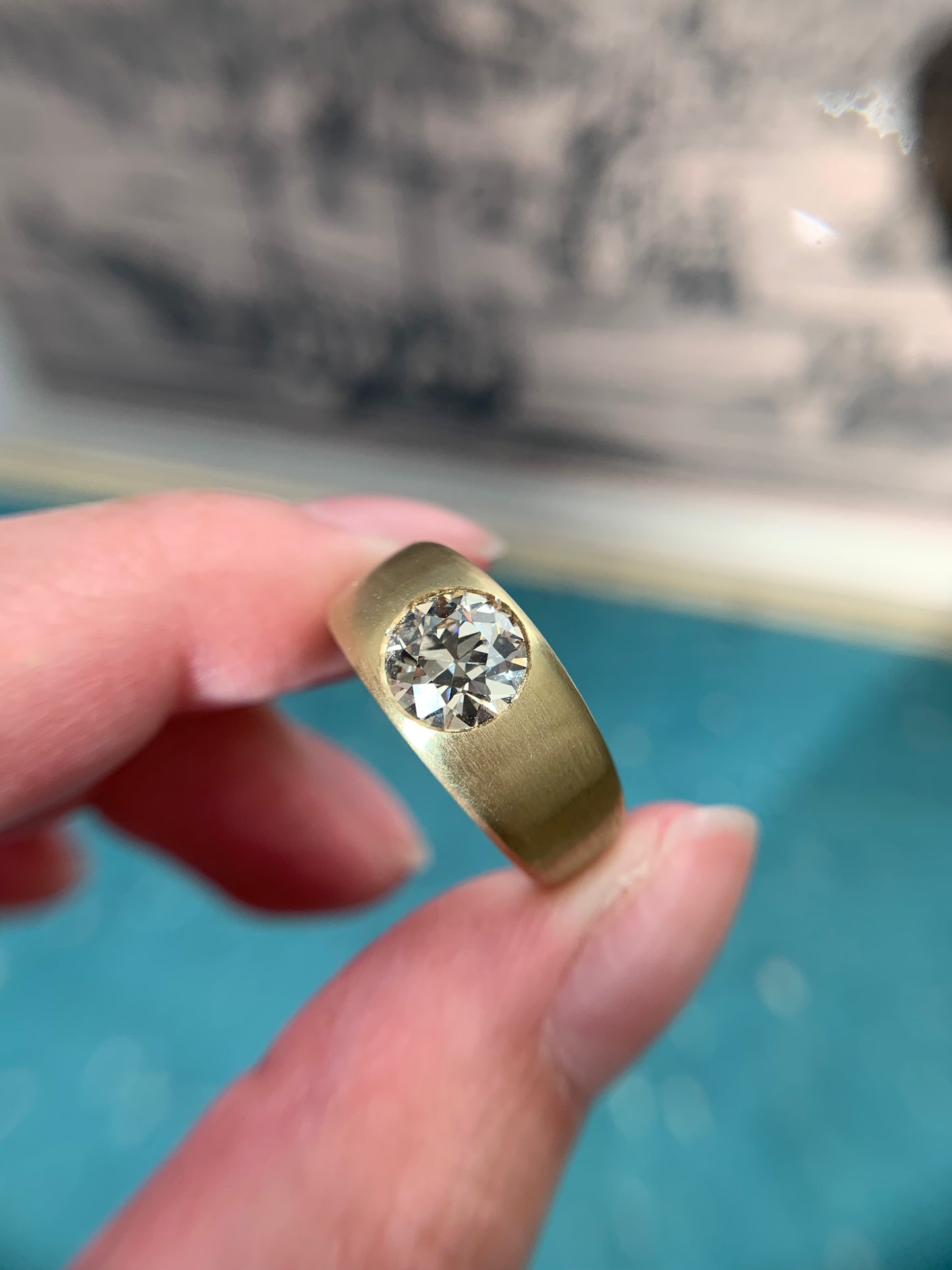 "The dreamer" 18k yellow gold flush-set old european transitional diamond ring for Katie - remaining balance