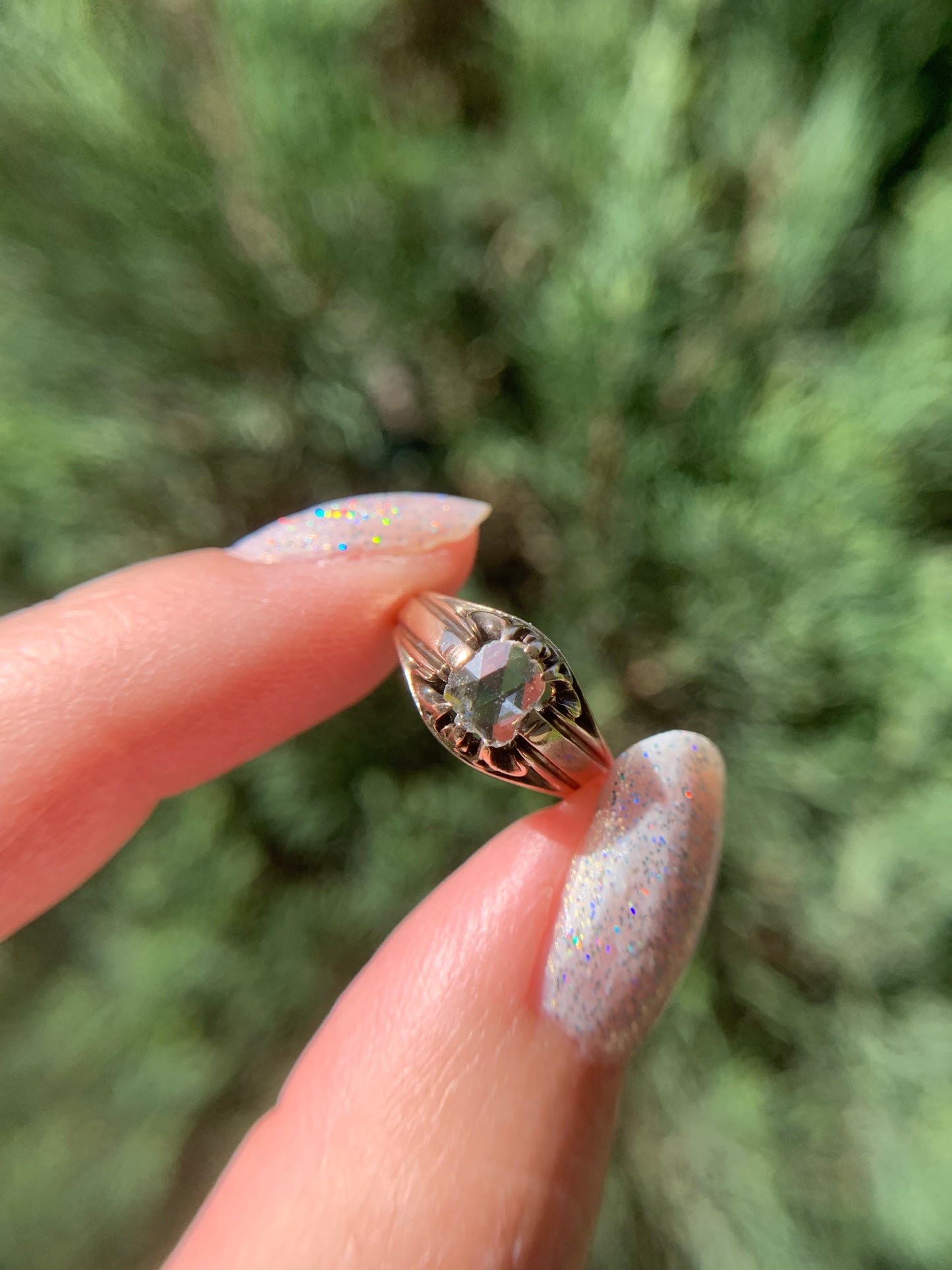 "Little dreamer" 10k rose cut diamond belcher solitaire ring