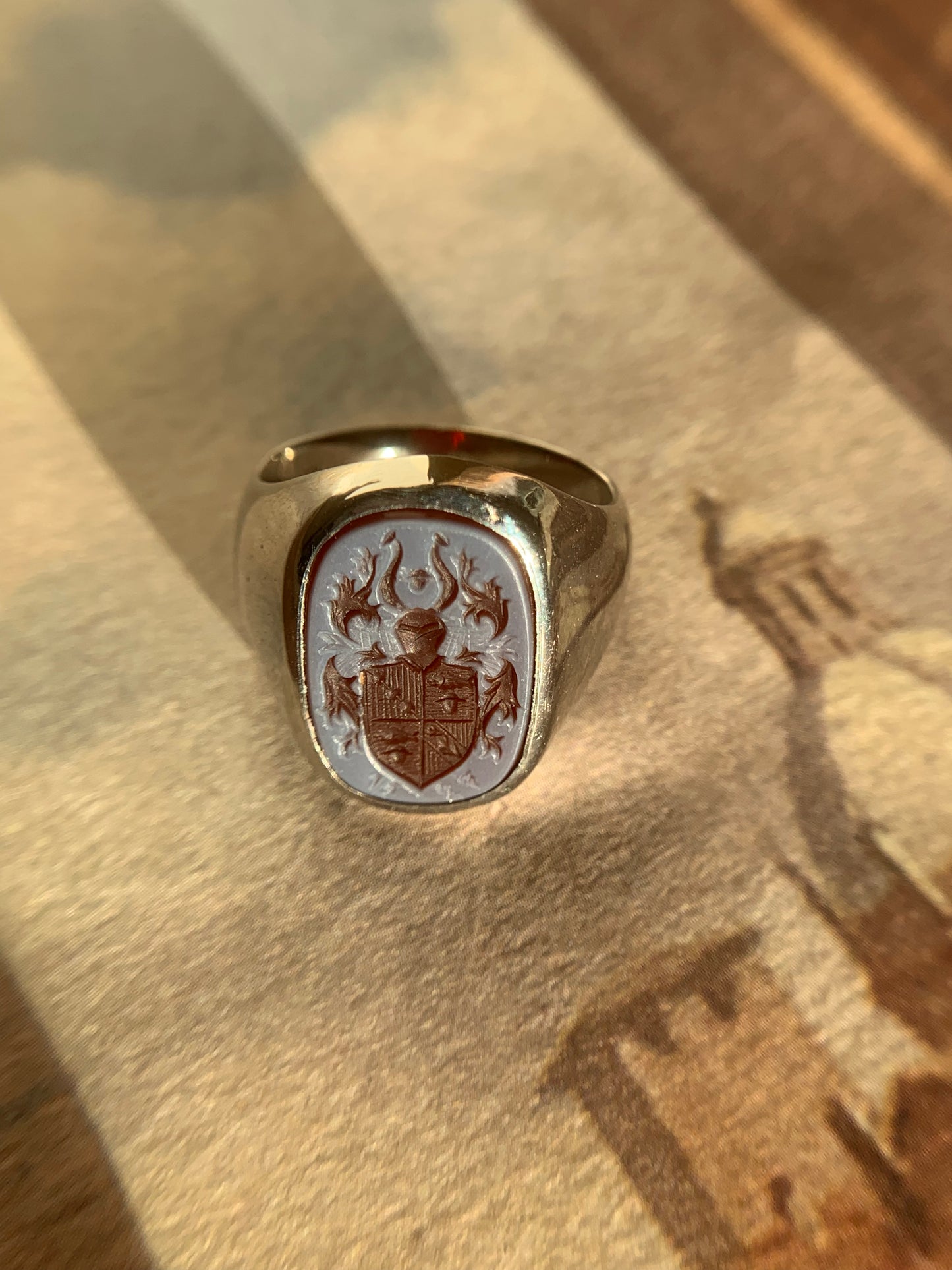 14k "Kingdom's Relic" heraldic sardonyx intaglio signet in white gold (vintage, only one available)