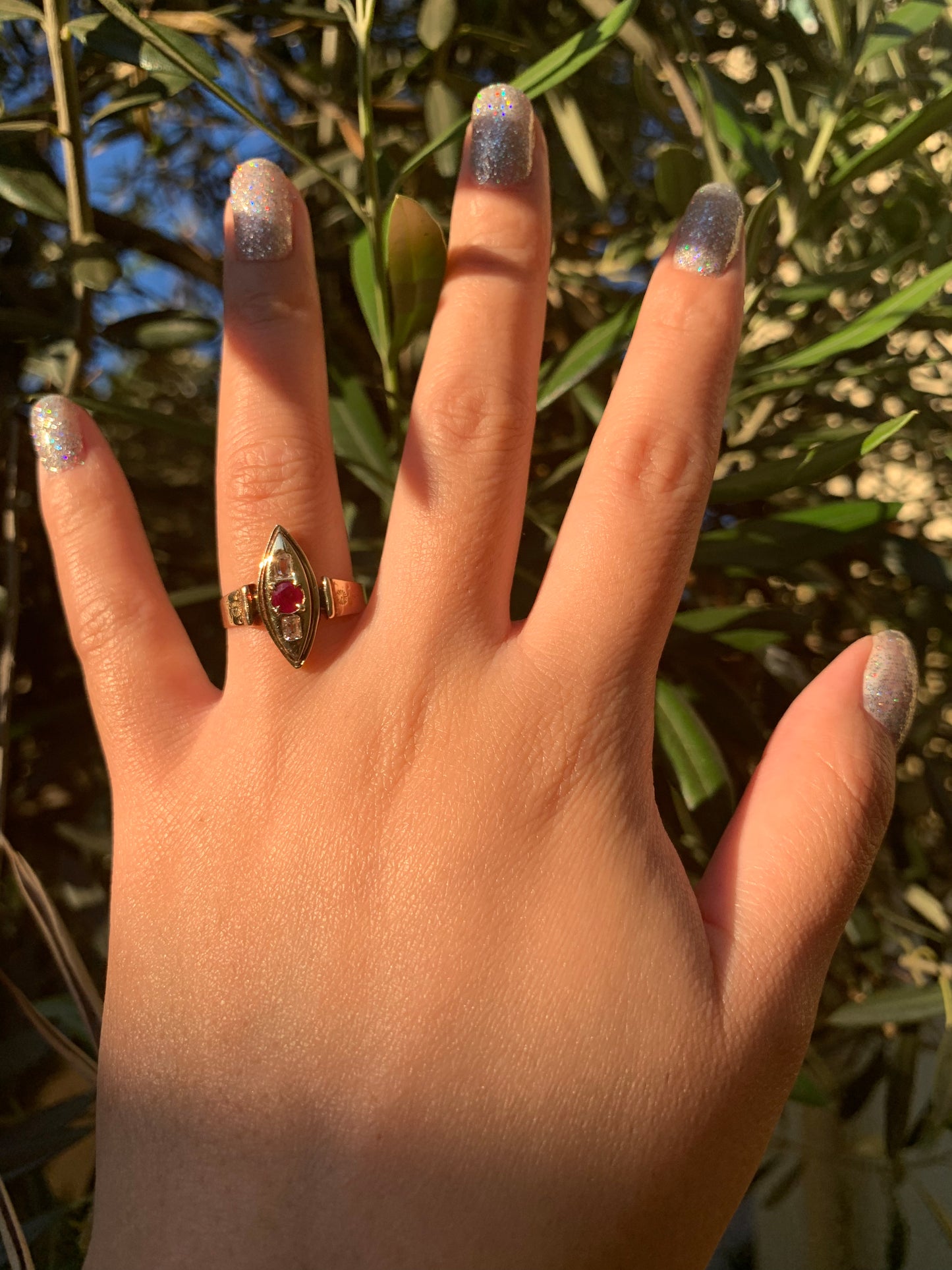 14k ruby and old cut diamond Victorian navette ring