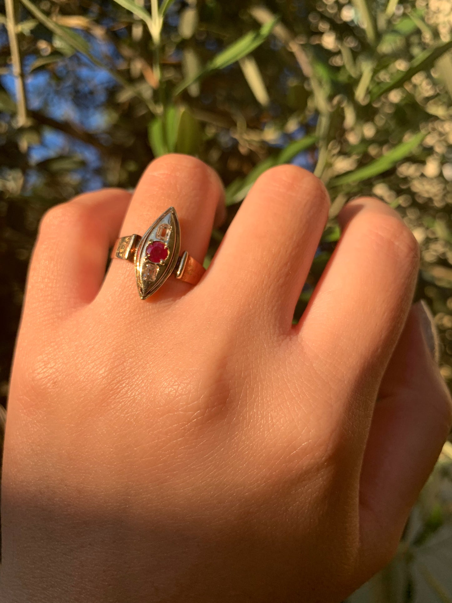 14k ruby and old cut diamond Victorian navette ring