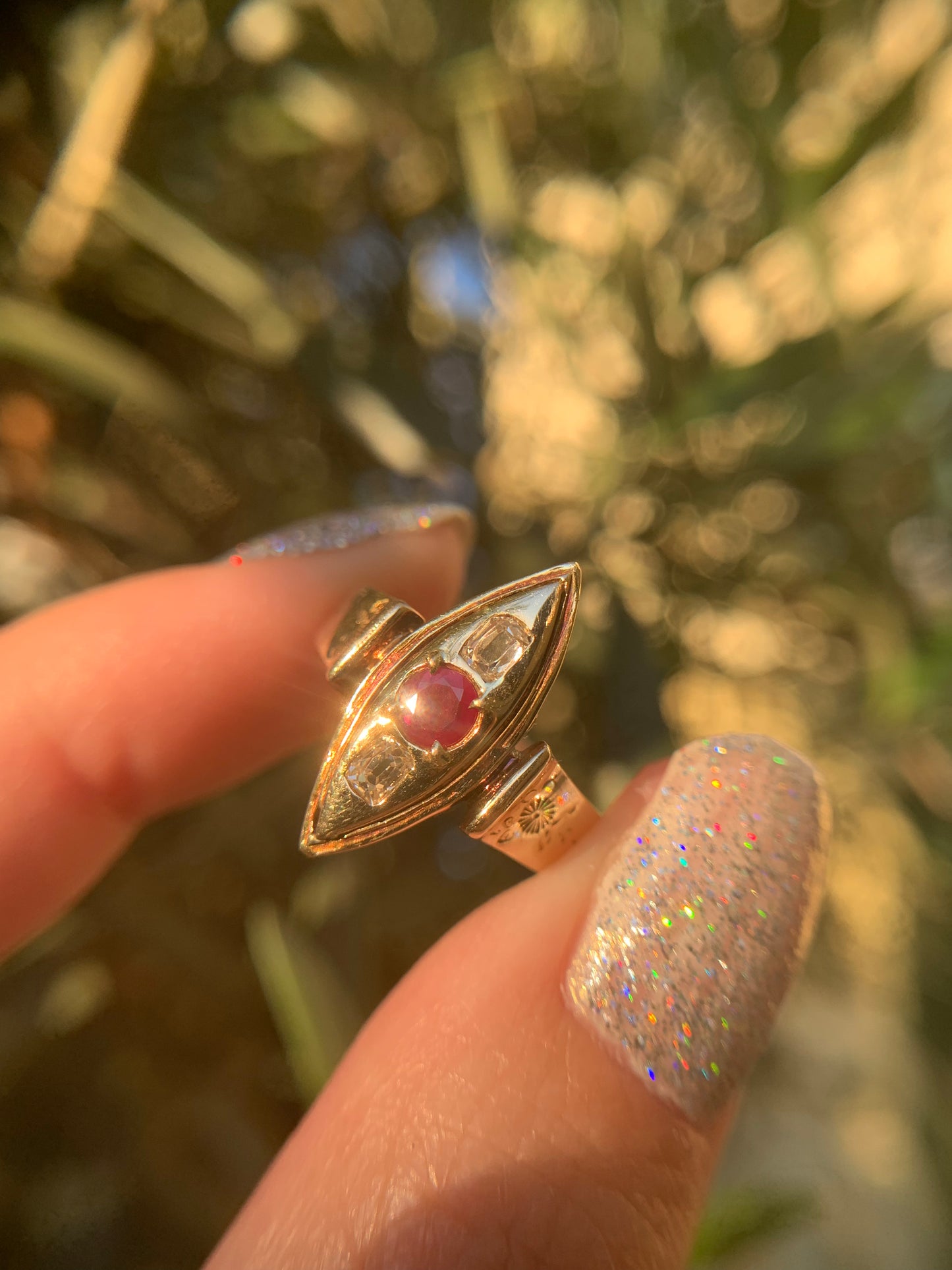 14k ruby and old cut diamond Victorian navette ring