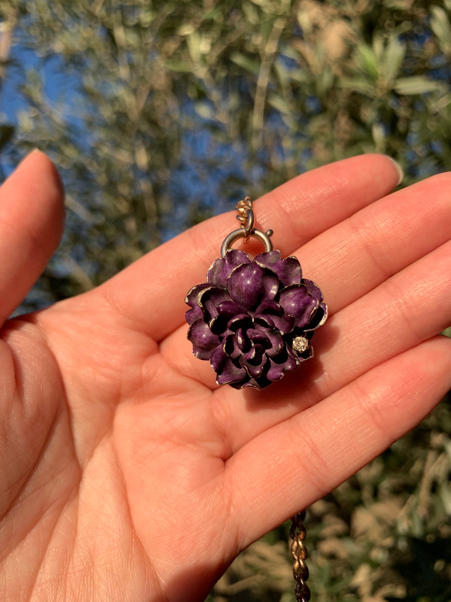 "Everlasting Flower" 14k Art Nouveau enamel flower pendant (antique, only one available)