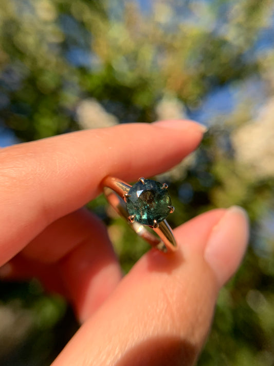 14k "Feyra Darling" restored 2.10ct natural green sapphire in yellow gold (antique, only one available)