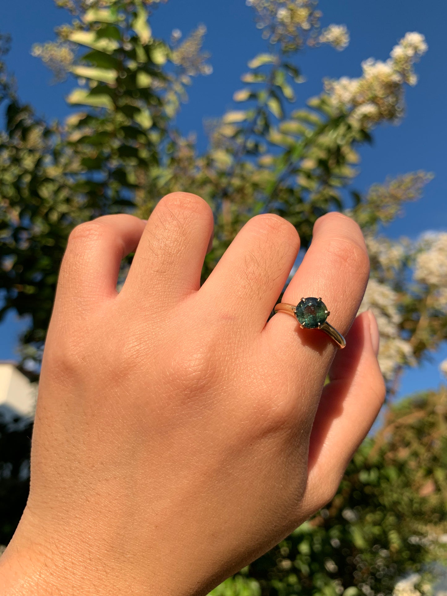 14k "Feyra Darling" restored 2.10ct natural green sapphire in yellow gold (antique, only one available)