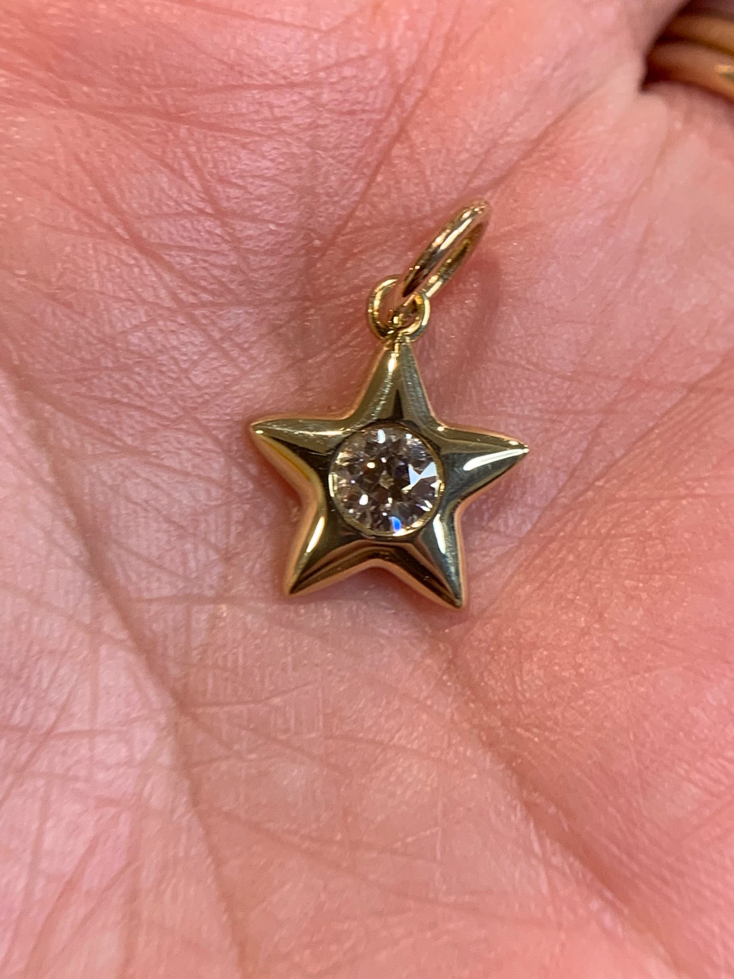 Layla C custom order - E. 0.40ct warm OEC diamond in Little Star, open culet, good faceting, small carbon inclusion factored into price