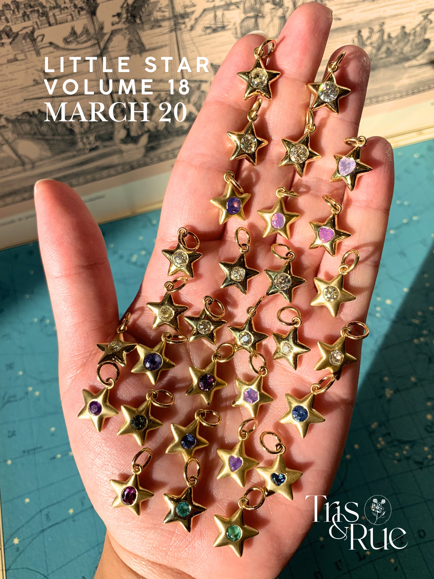 18k Little Star© volume 18 old cut diamonds, multicolor sapphires, emeralds, ruby